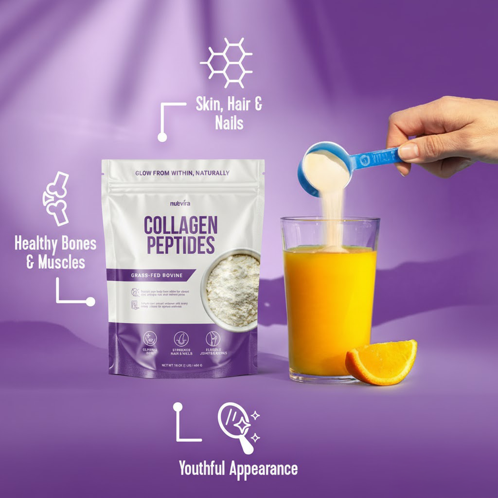 Nutvira Collagen Peptides – Hydrolyzed Grass-Fed Bovine Protein Powder for Skin, Hair & Joints – Unflavored – 454g