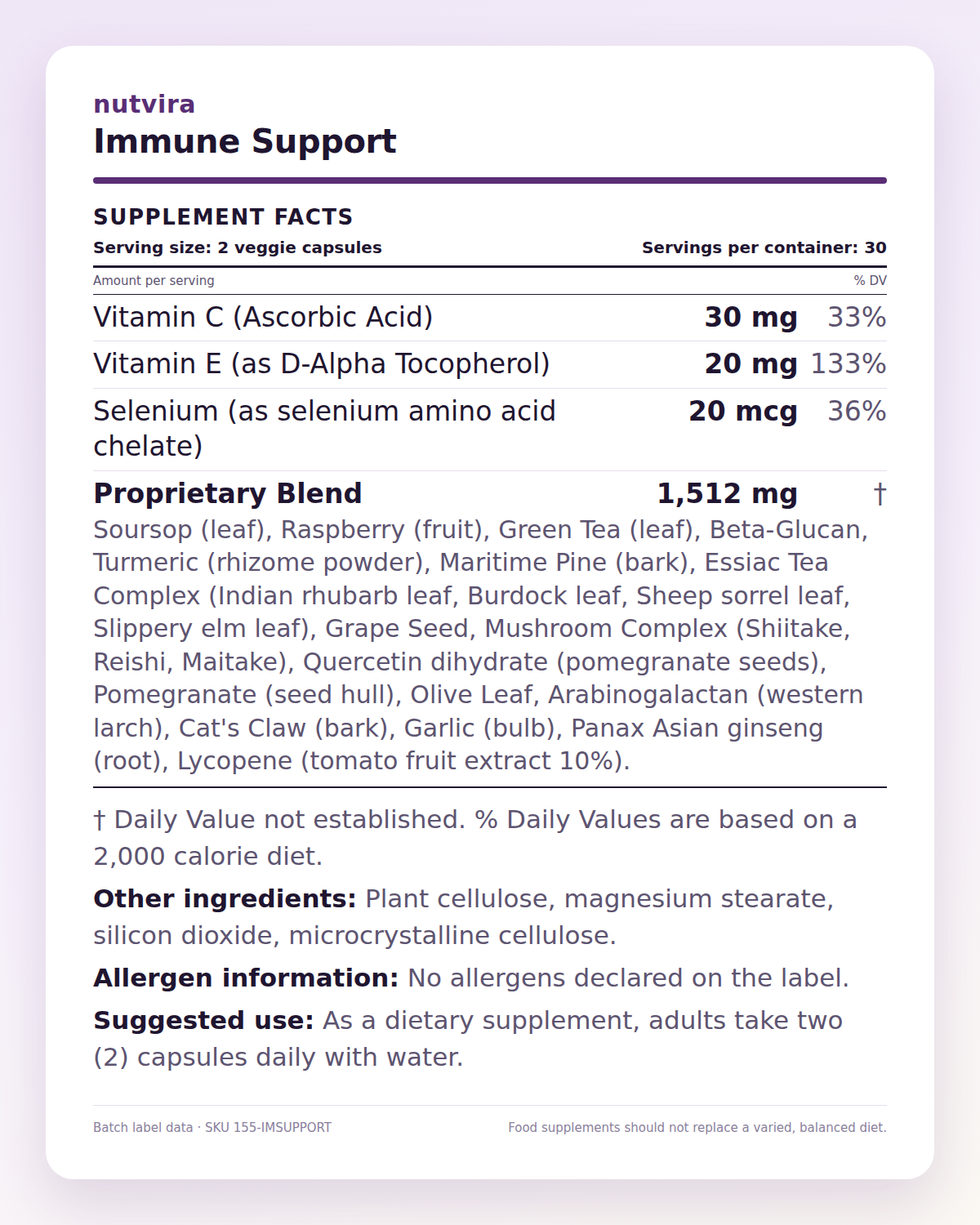 Nutvira Immune Support supplement facts panel