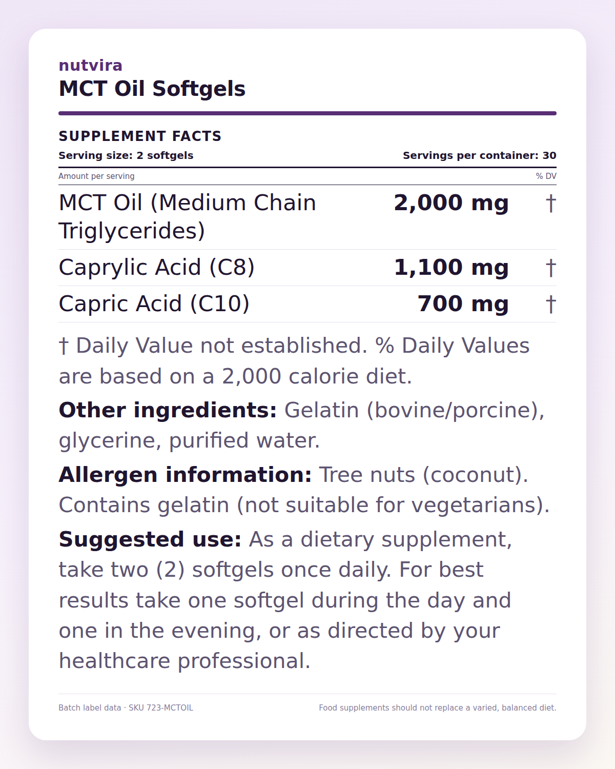 Nutvira MCT Oil Softgels supplement facts panel