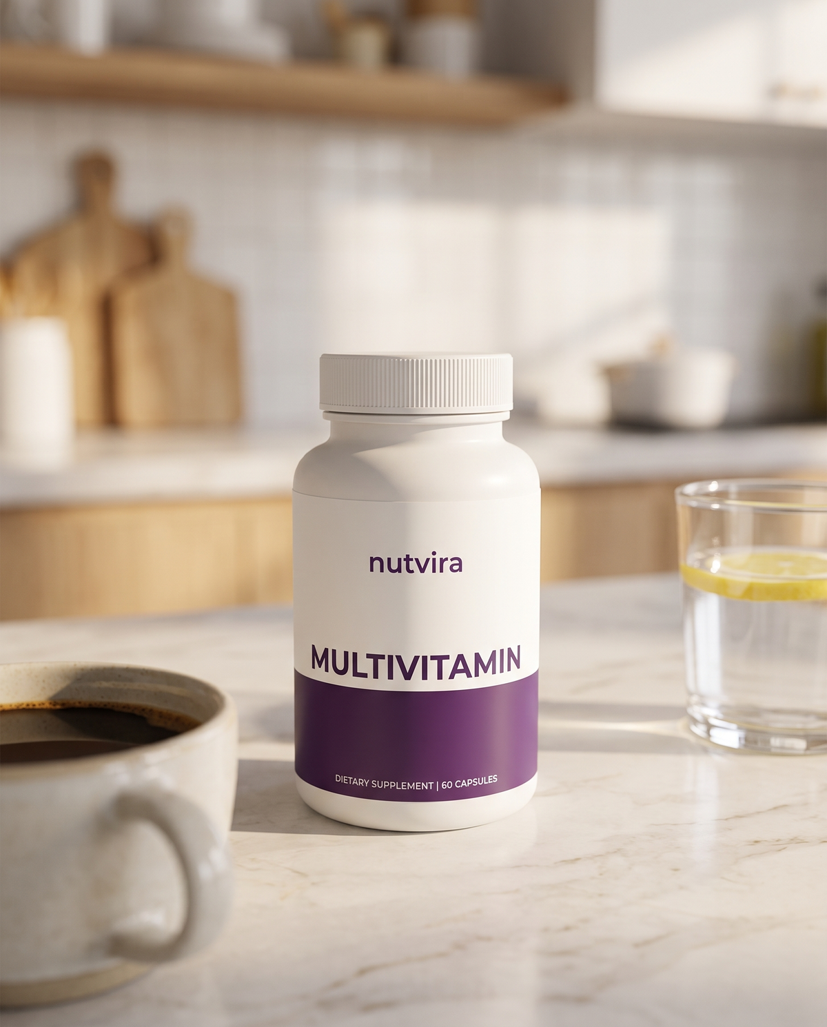 Nutvira Multivitamin on a kitchen counter with coffee