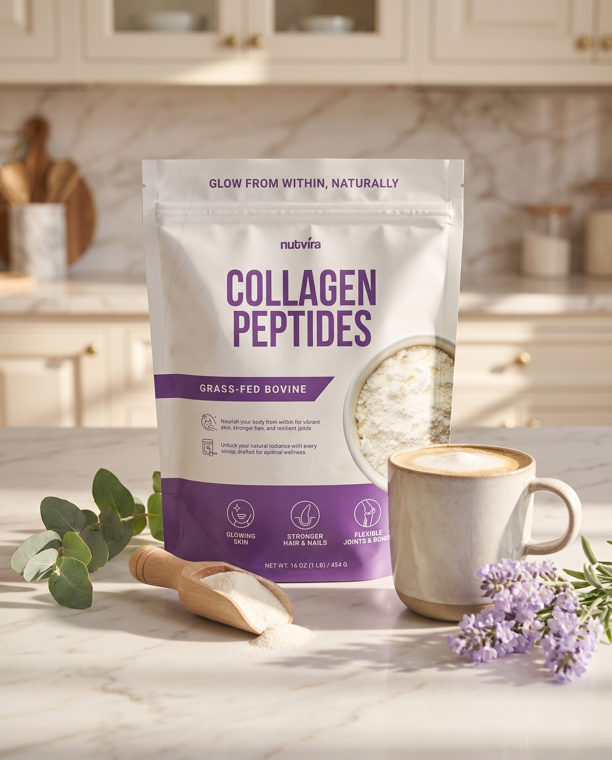 Nutvira Collagen Peptides pouch on a kitchen counter next to a latte