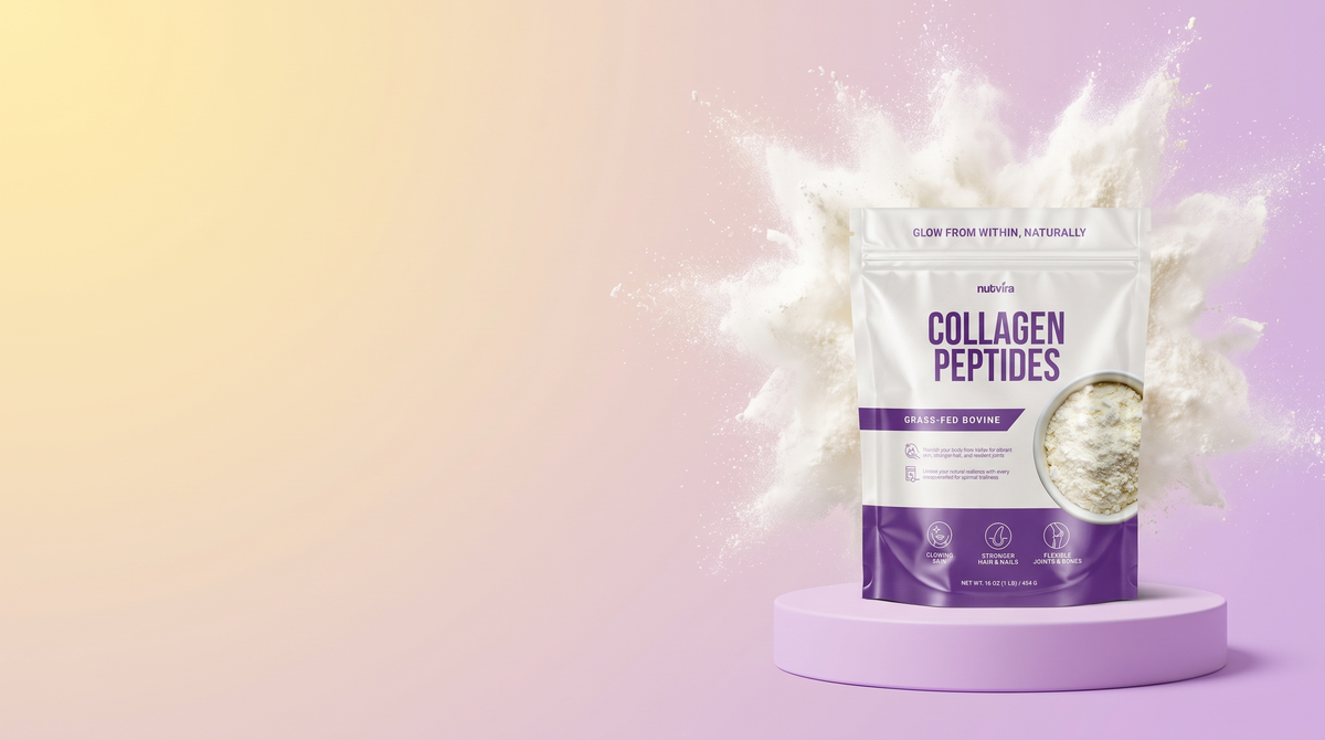 Nutvira Collagen Peptides pouch on a podium with a powder splash