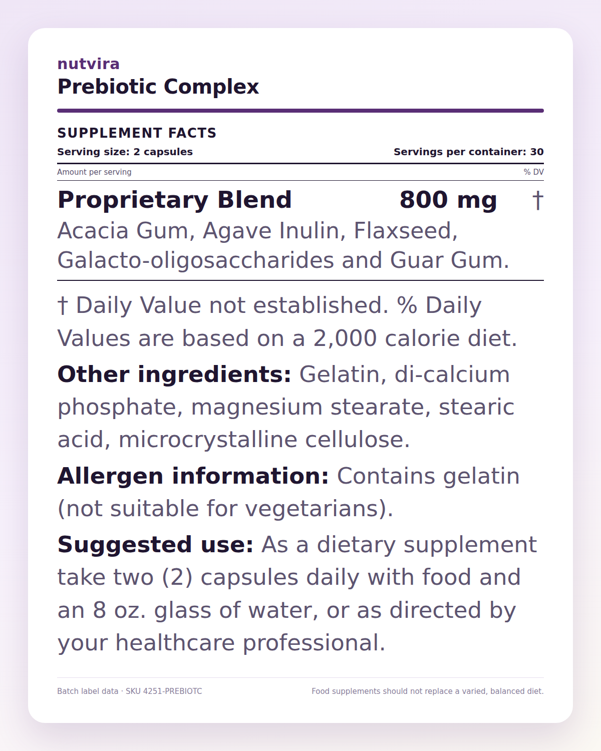 Nutvira Prebiotic Complex supplement facts panel