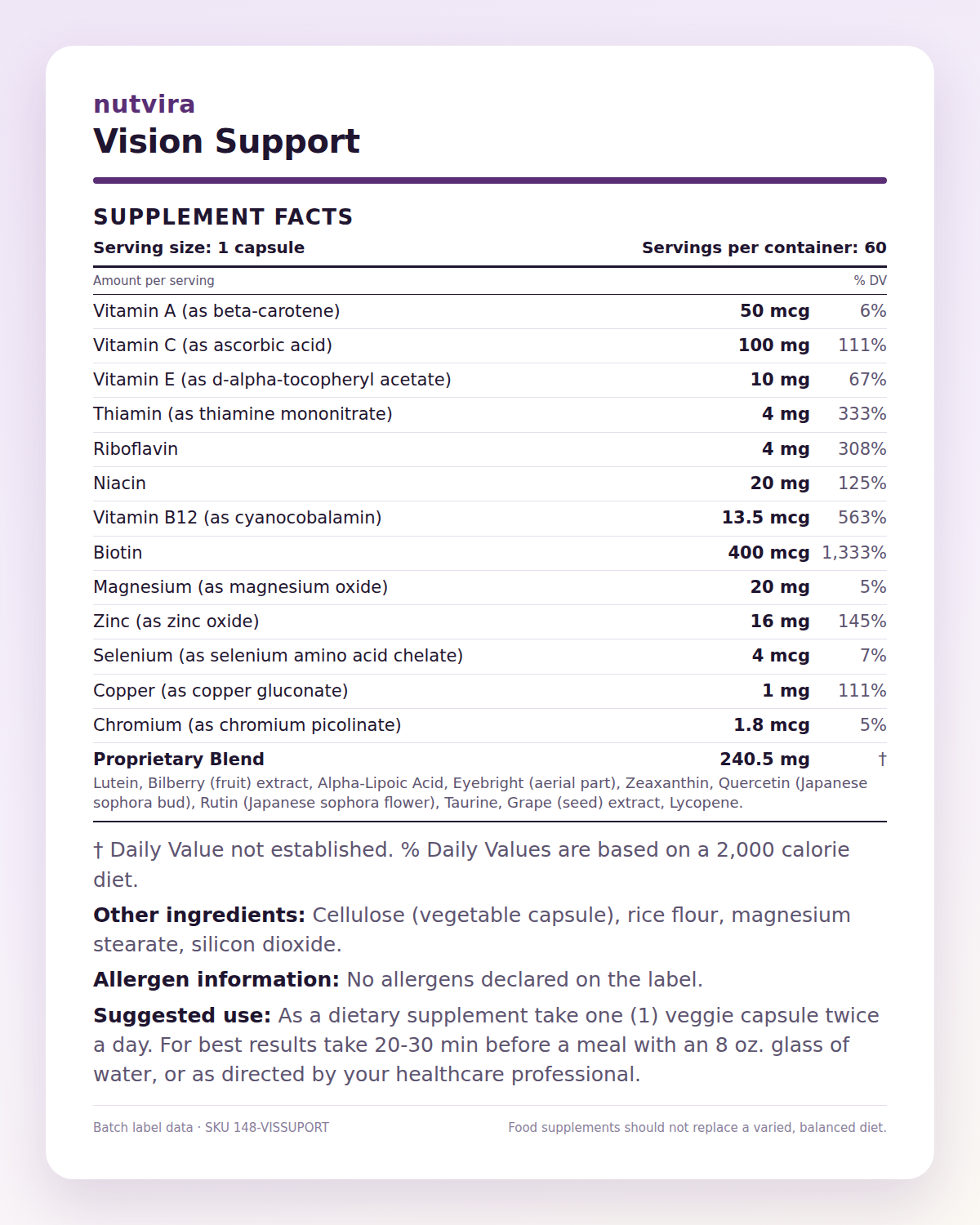 Nutvira Vision Support supplement facts panel